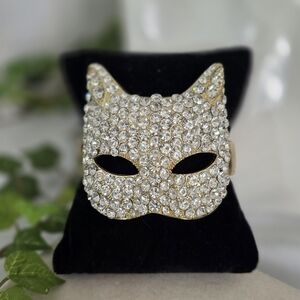 Vintage Statement Gold wirh CZ Rhinestone Cat Mask Clamper Hinge Bracelet